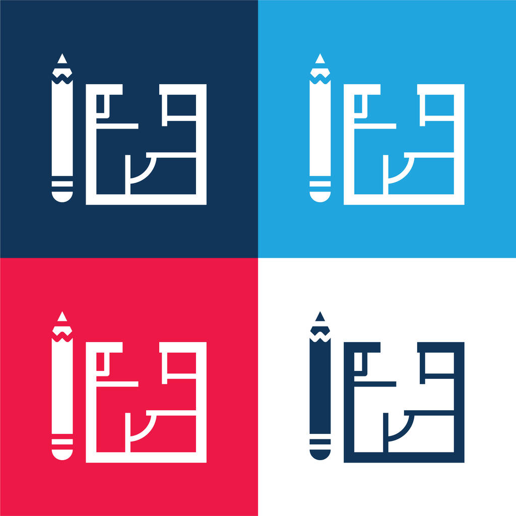 Arquitectura azul y rojo conjunto de iconos mínimo de cuatro colores - Vector, imagen