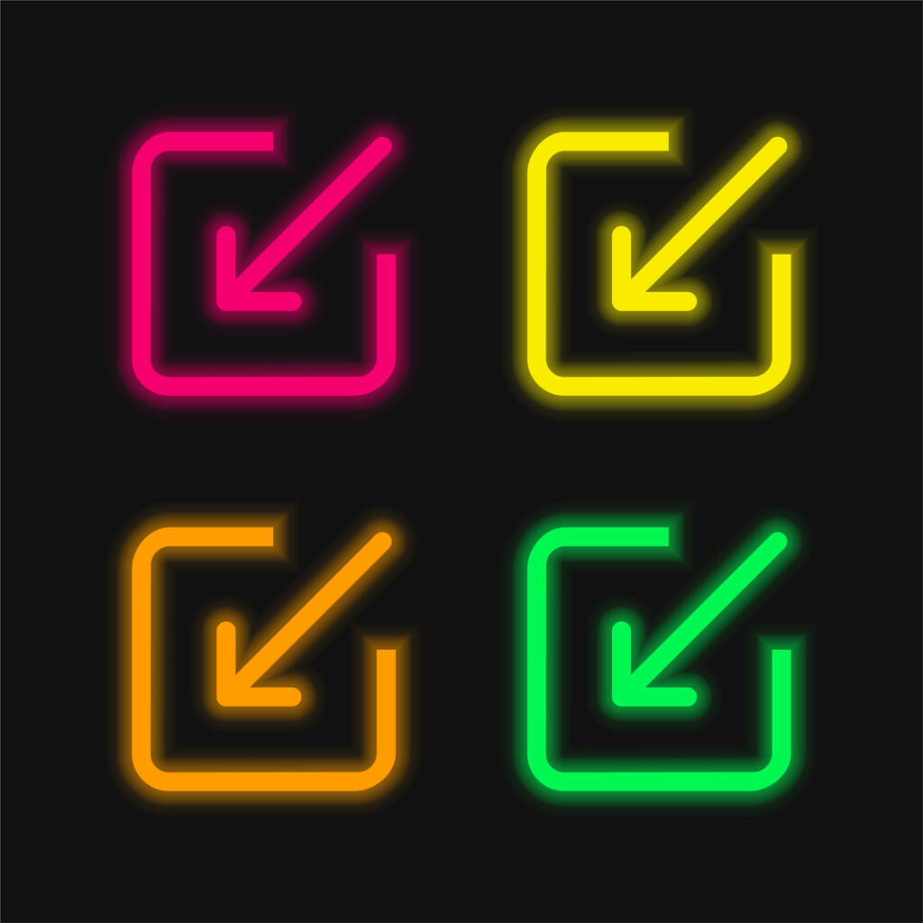 Seta entrando no quadrado ícone de vetor de néon brilhante de quatro cores - Vetor, Imagem
