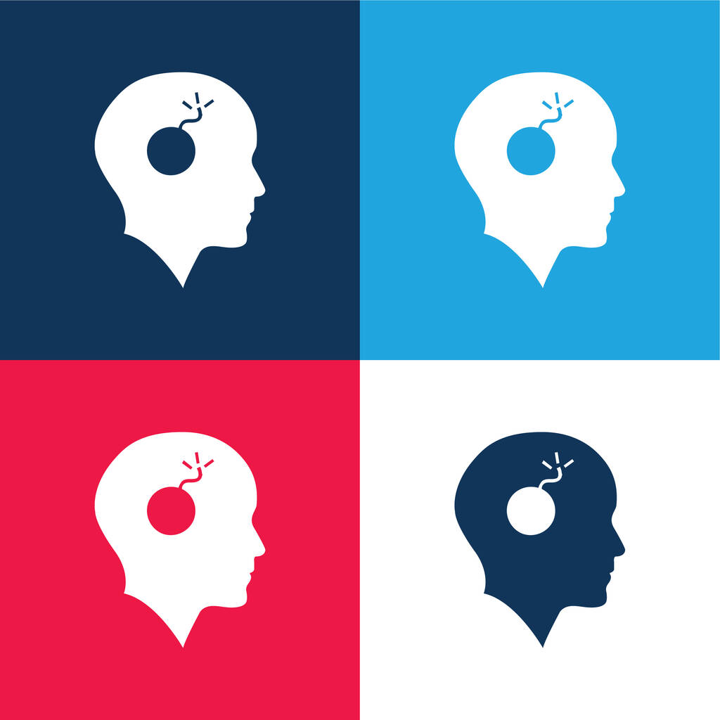 Plešatá hlava s bombou modrá a červená čtyři barvy minimální ikona nastavena - Vektor, obrázek