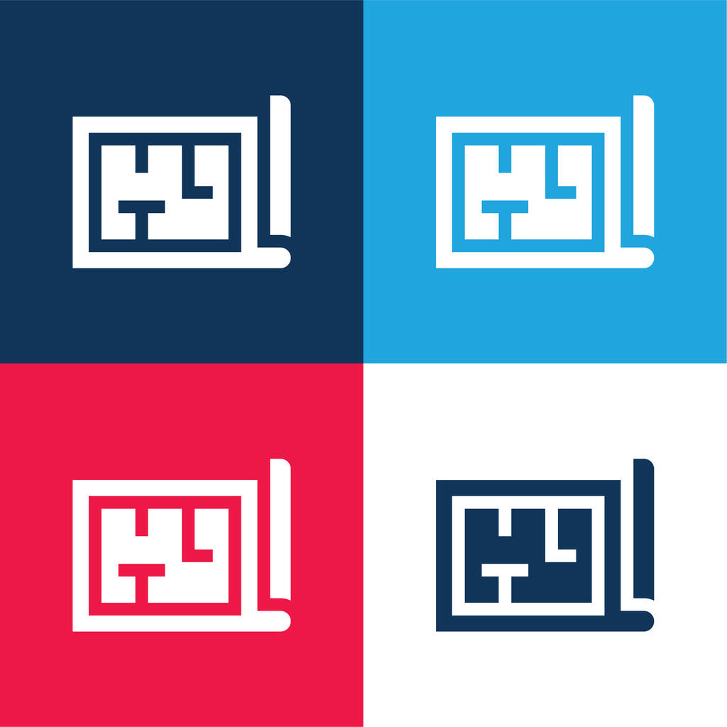 Architectuur blauw en rood vier kleuren minimale pictogram set - Vector, afbeelding