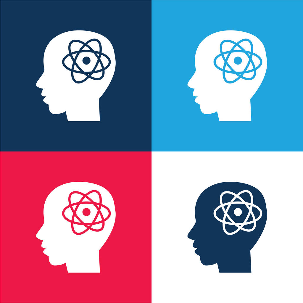 人の頭の中のアトムのシンボル青と赤の4色の最小アイコンセット ロイヤリティフリーのベクターグラフィック画像