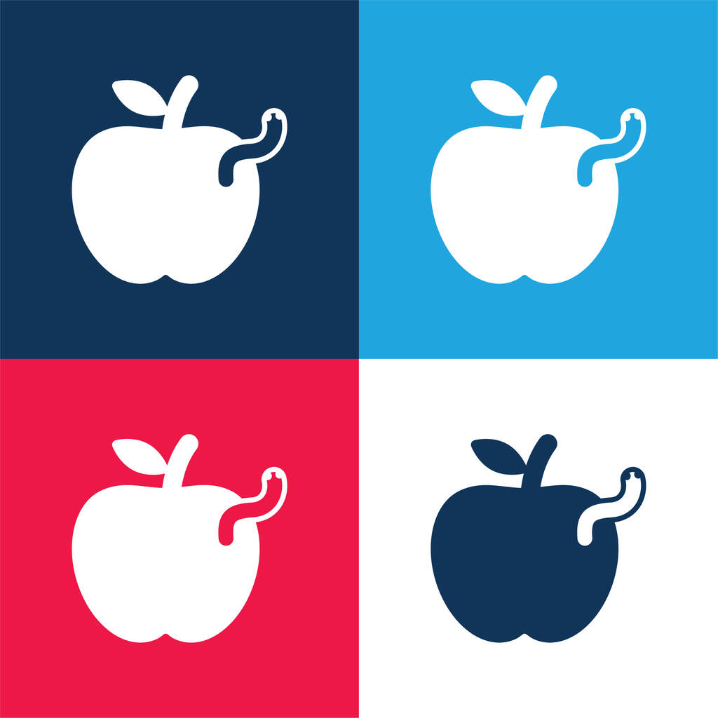 Μήλο με το μπλε σκουληκιών και το κόκκινο σύνολο τεσσάρων ελάχιστων χρωμάτων εικονίδιο - Διάνυσμα, εικόνα