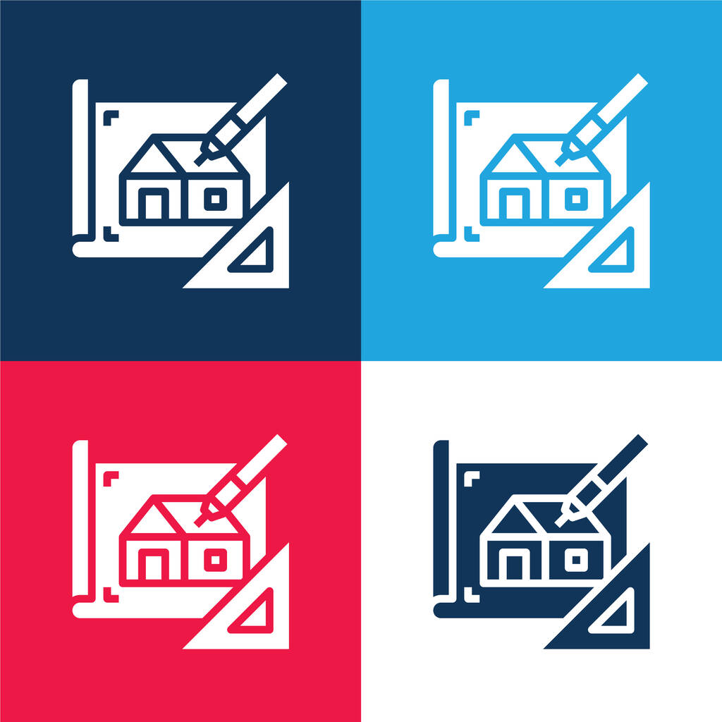 Blueprint azul e vermelho conjunto de ícones mínimos de quatro cores - Vetor, Imagem