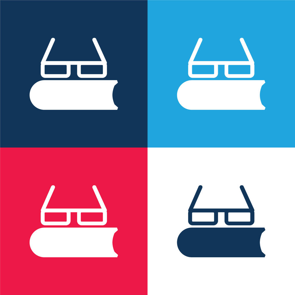 Libro Con gafas de vista azul y rojo conjunto de iconos mínimo de cuatro colores - Vector, Imagen