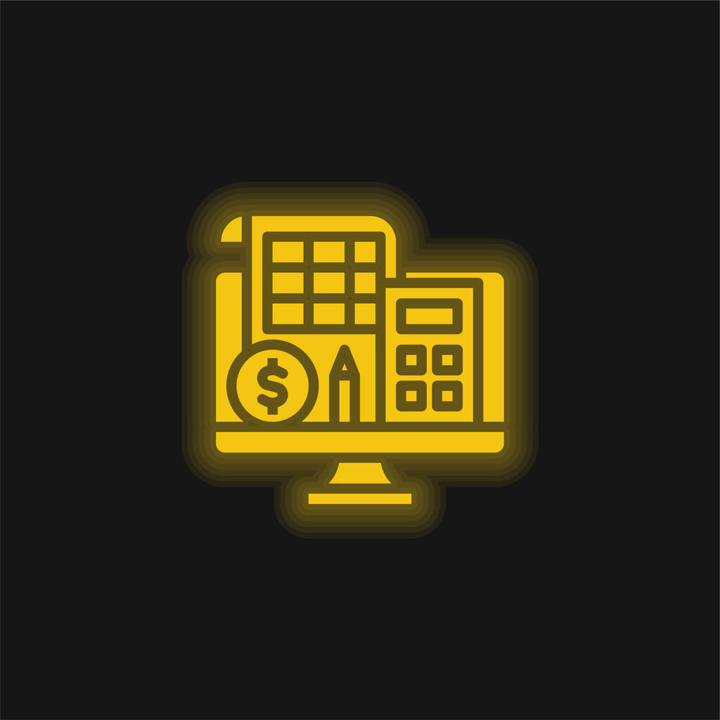 Bookkeeping yellow glowing neon icon - Vector, Image