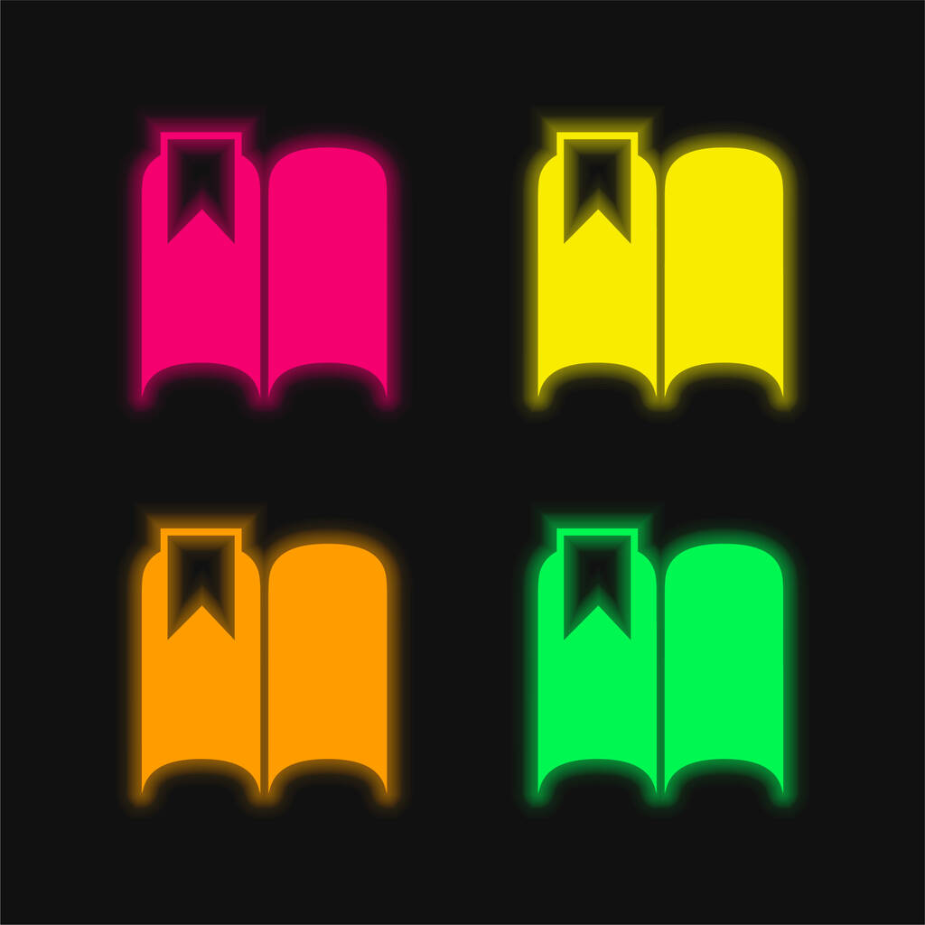 Lesezeichen auf einem offenen Buch Schwarze Form vier Farben leuchtenden Neon-Vektor-Symbol - Vektor, Bild