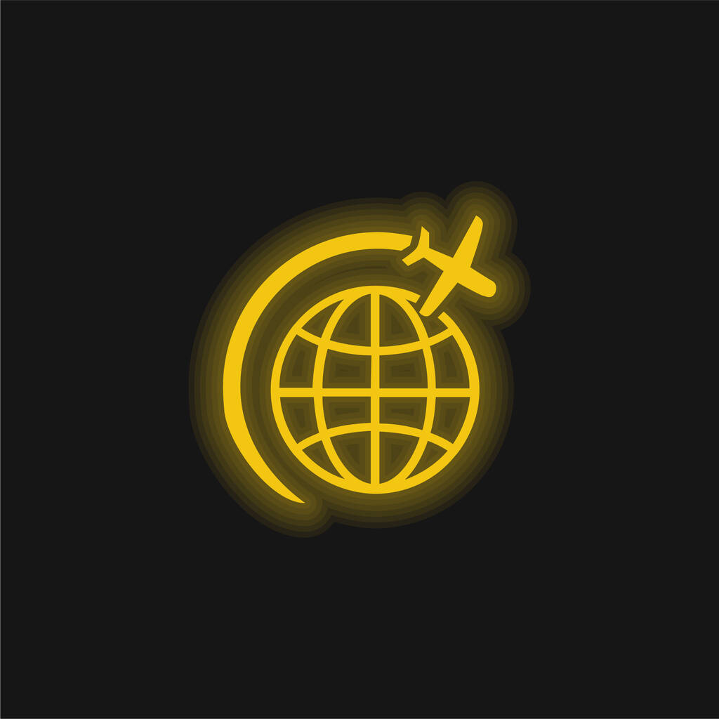 地球の周りの円で飛行機のフライト黄色の輝くネオンアイコン - ベクター画像