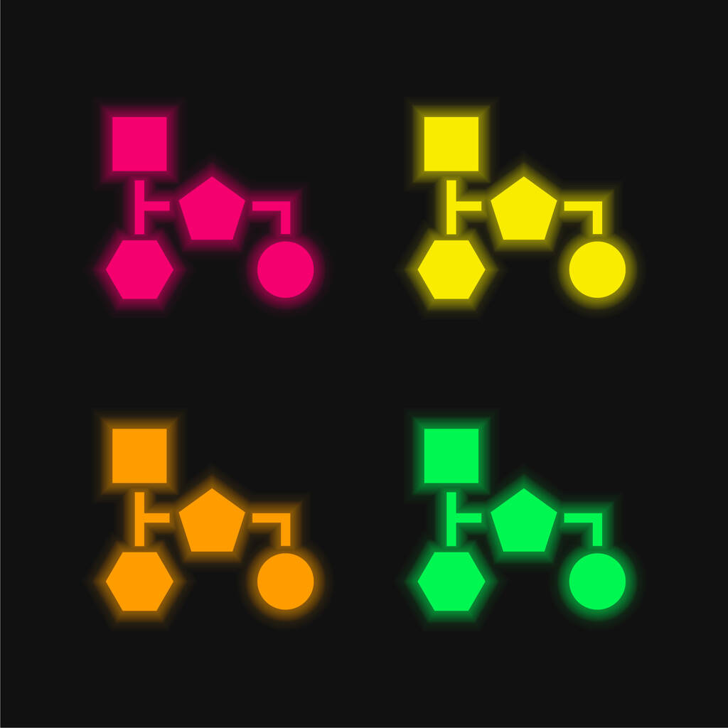Siyah Geometrik Şekillerin Blok Şeması Dört renk parlayan neon vektör simgesi - Vektör, Görsel
