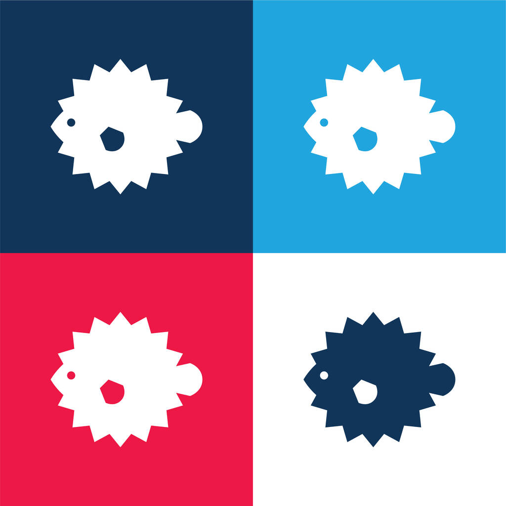 Blowfish azul y rojo conjunto de iconos mínimo de cuatro colores - Vector, imagen