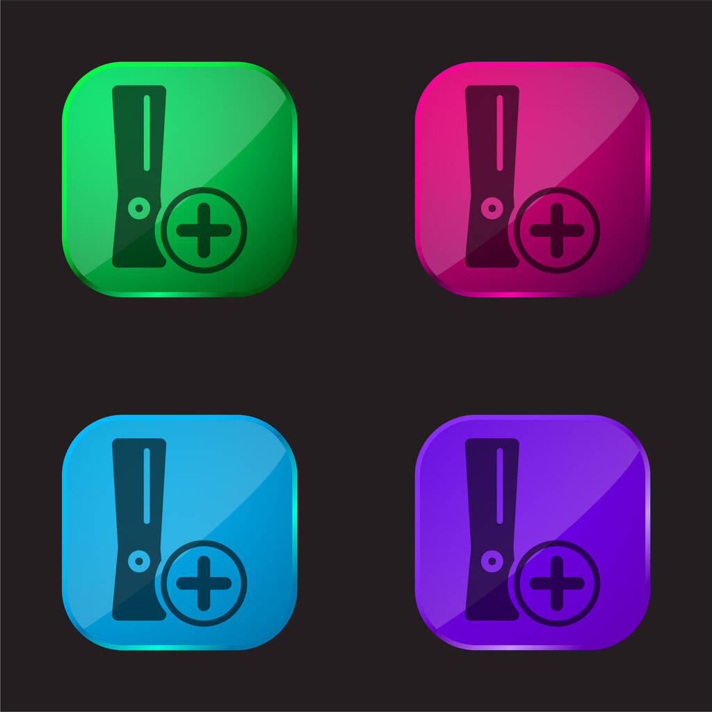 Spielkonsolen-Symbol mit Glasknopf-Symbol in vier Farben hinzufügen - Vektor, Bild