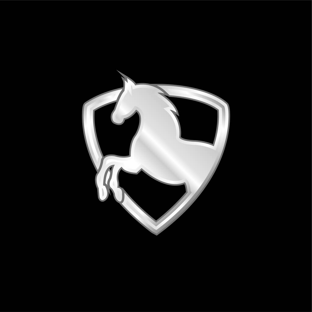 Black Horse Part In A Shield Outline silver plated metallic icon - Vector, Image