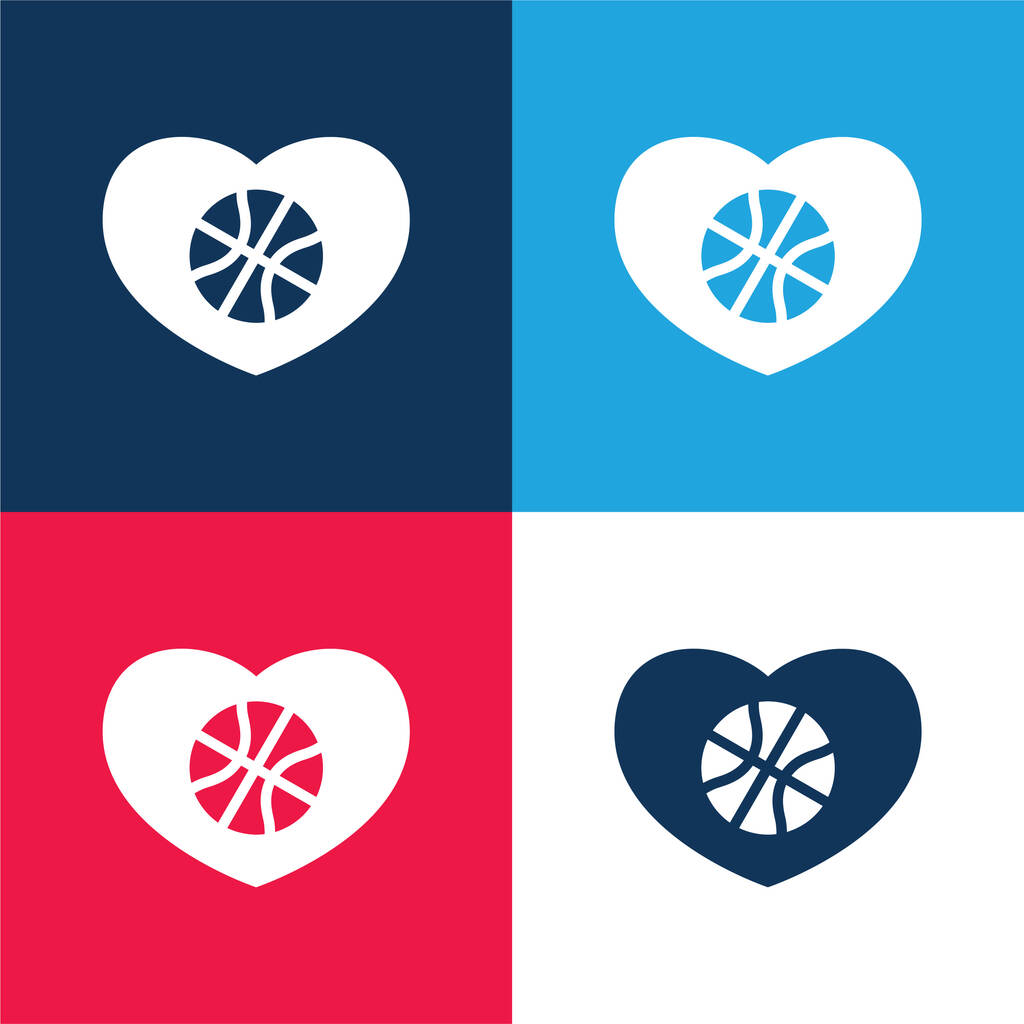 Μπάλα μπάσκετ σε μια καρδιά μπλε και κόκκινο τέσσερις χρώμα minimal σύνολο εικονιδίων - Διάνυσμα, εικόνα