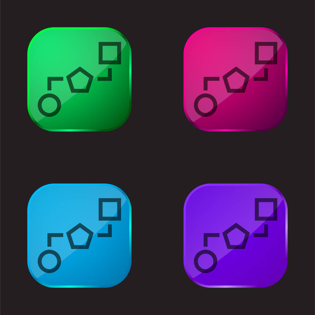 Blokk rendszerek három geometriai formák csatlakozik vonalak négy színű üveg gomb ikon - Vektor, kép