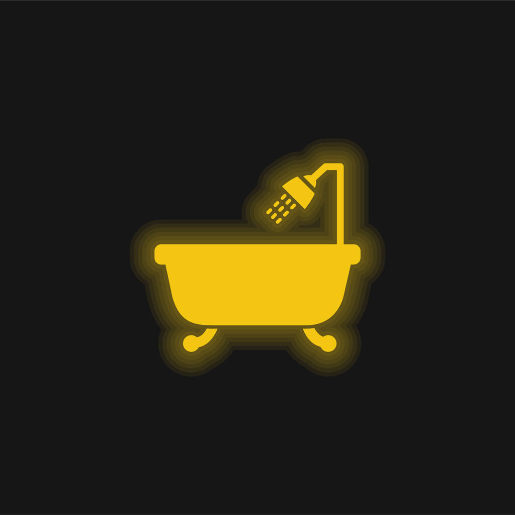 Ванна с открытым душем желтый светящийся неоновый значок - Вектор,изображение