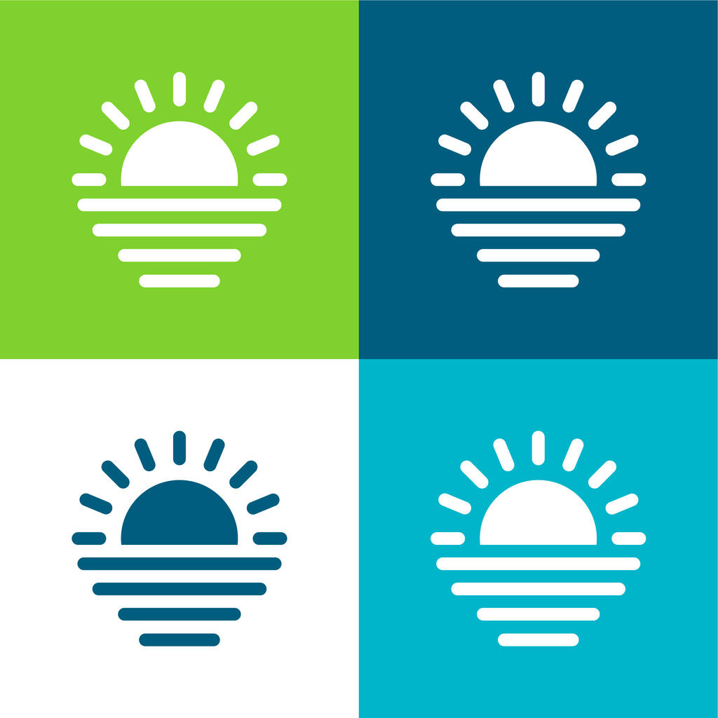 Playa puesta del sol Plano de cuatro colores mínimo icono conjunto - Vector, imagen