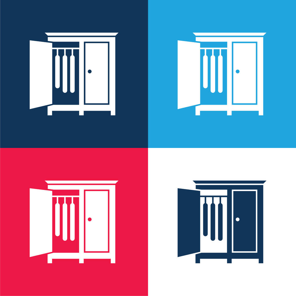 Hálószoba szekrény nyitott ajtó az oldalon akasztani Ruhák kék és piros négy szín minimális ikon készlet - Vektor, kép