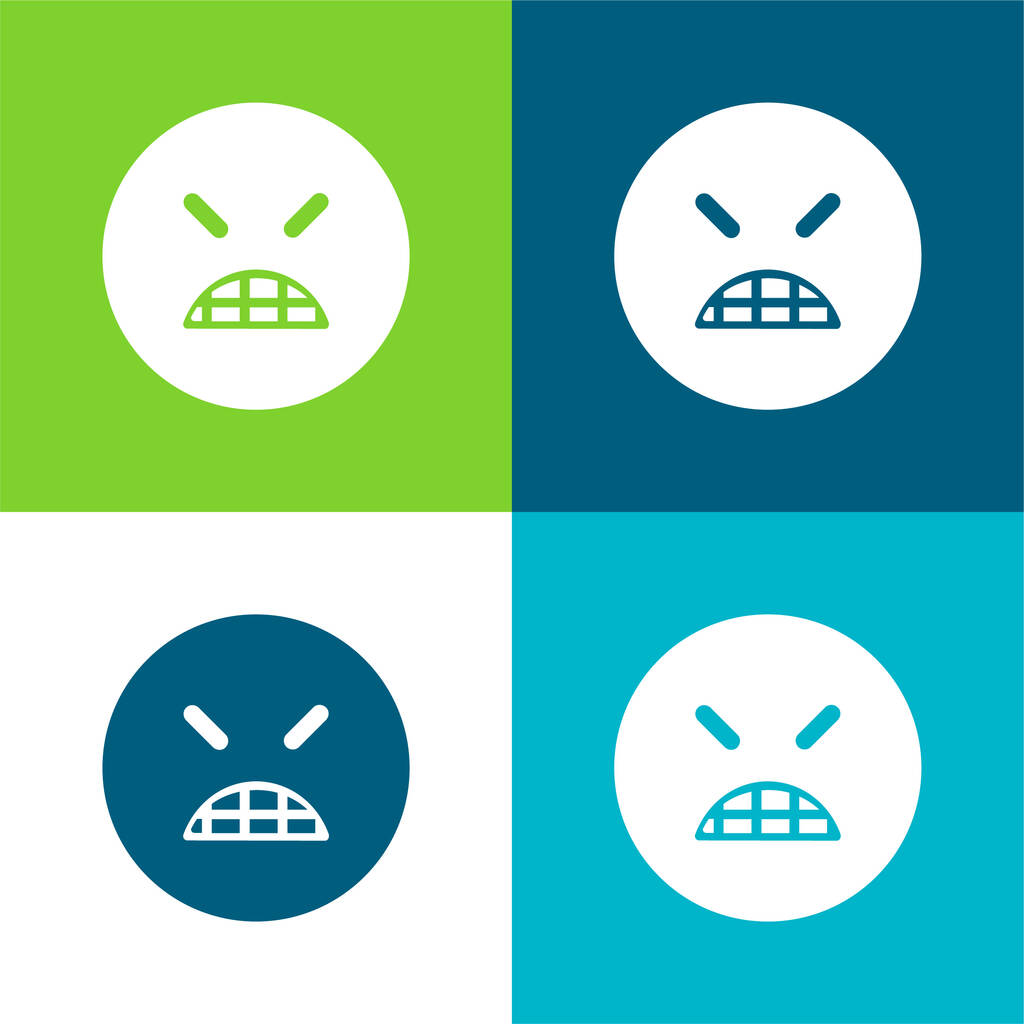 Angry Emoticon visage carré avec les yeux fermés Ensemble d'icône minime plat de quatre couleurs - Vecteur, image