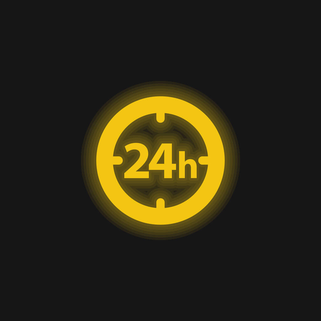 24 години Круглий годинник Символ жовтого сяючий неоновий значок
 - Вектор, зображення