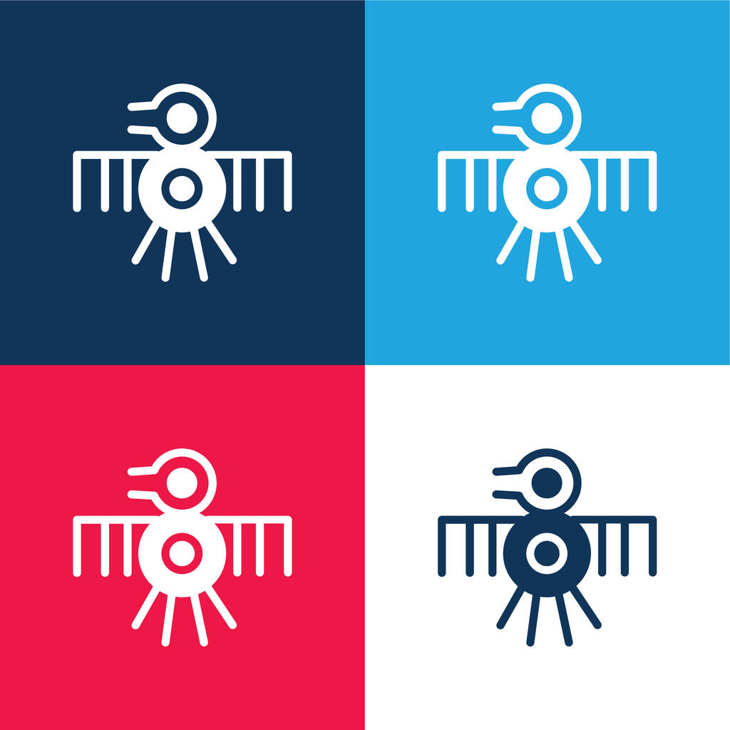 Bird Old Indian Design Of Thin Lines azul y rojo conjunto de iconos mínimos de cuatro colores - Vector, Imagen