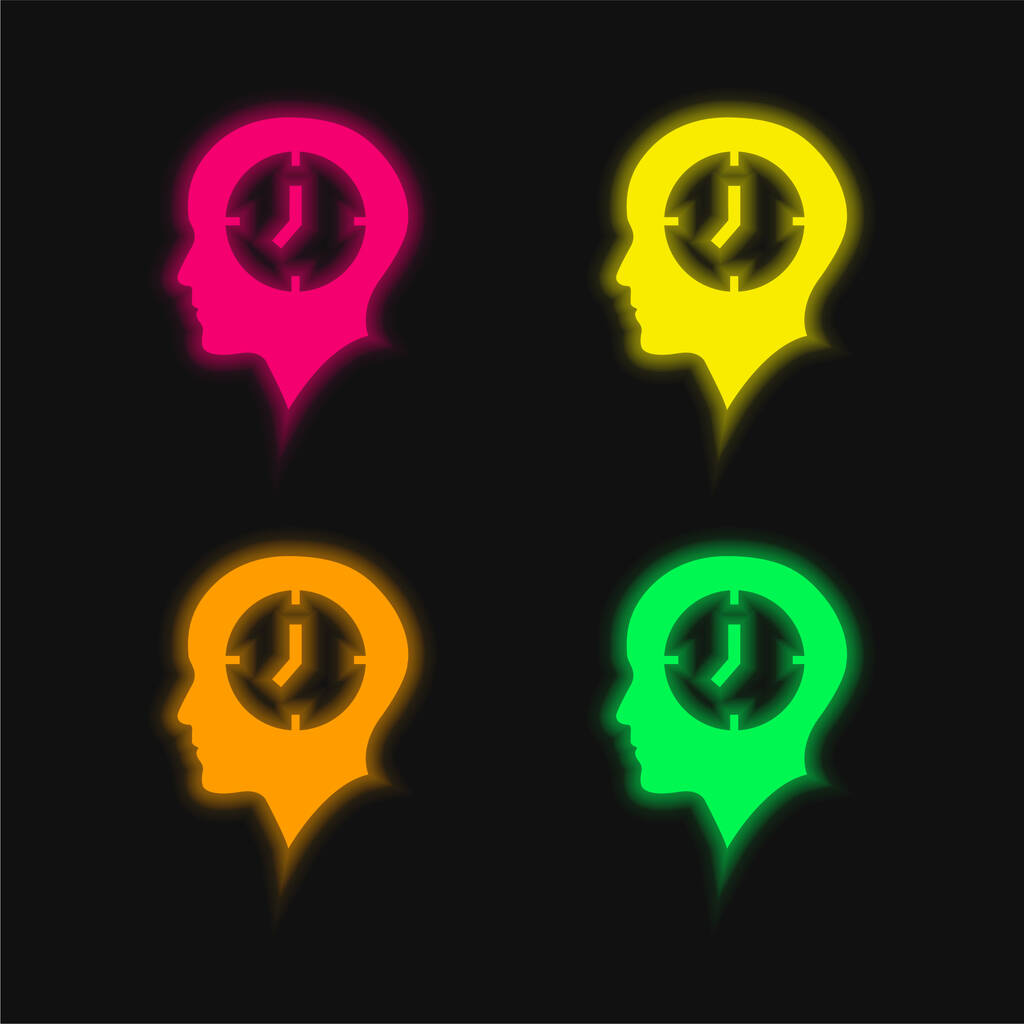 Kopasz fej egy óra négy színű izzó neon vektor ikon - Vektor, kép