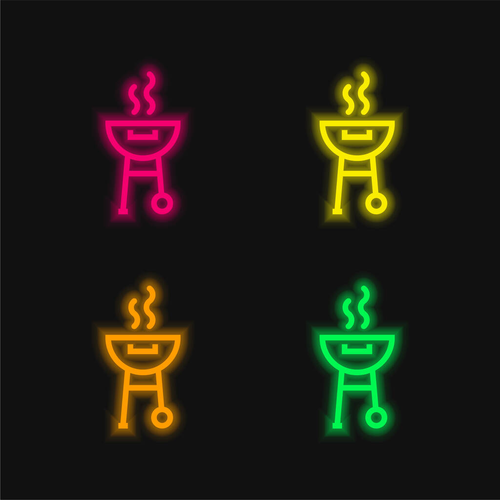Grill mit Rauch vier Farben leuchtenden Neon-Vektor-Symbol - Vektor, Bild