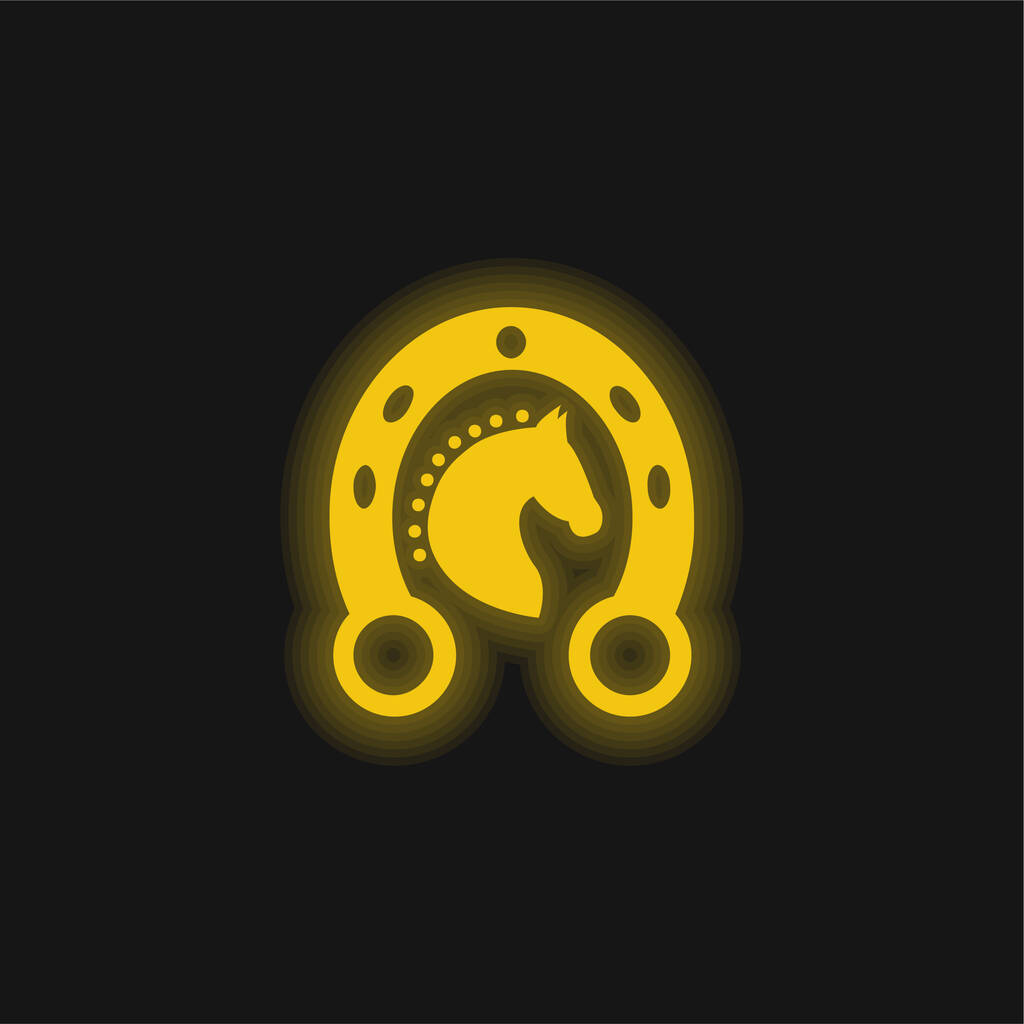 Black Head Horse In A Horseshoe yellow glowing neon icon - Vector, Image