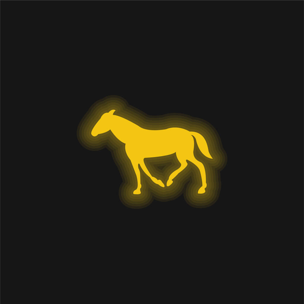 Caballo negro caminando con cola hacia abajo icono de neón amarillo brillante - Vector, Imagen