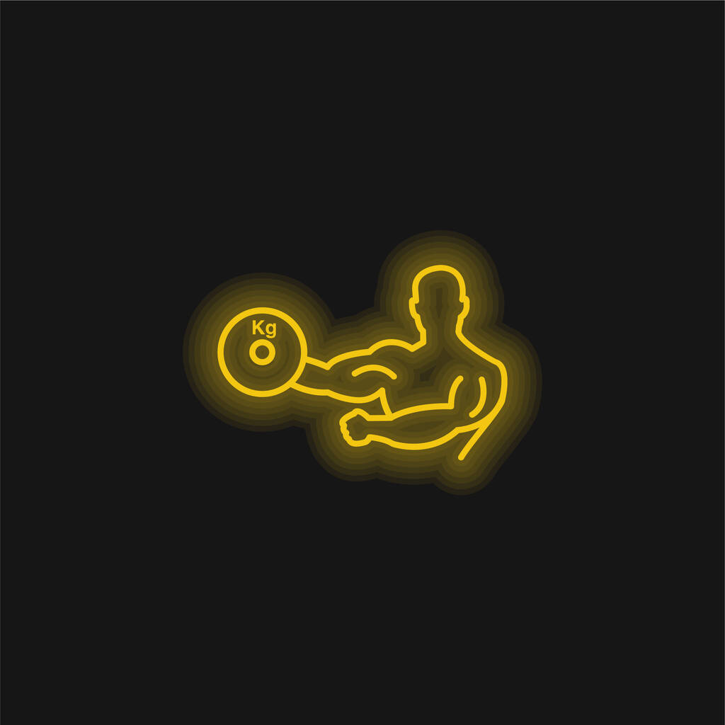 Kehonrakentaja kuljettaa painoa yhdellä kädellä hahmotella keltainen hehkuva neon kuvake - Vektori, kuva