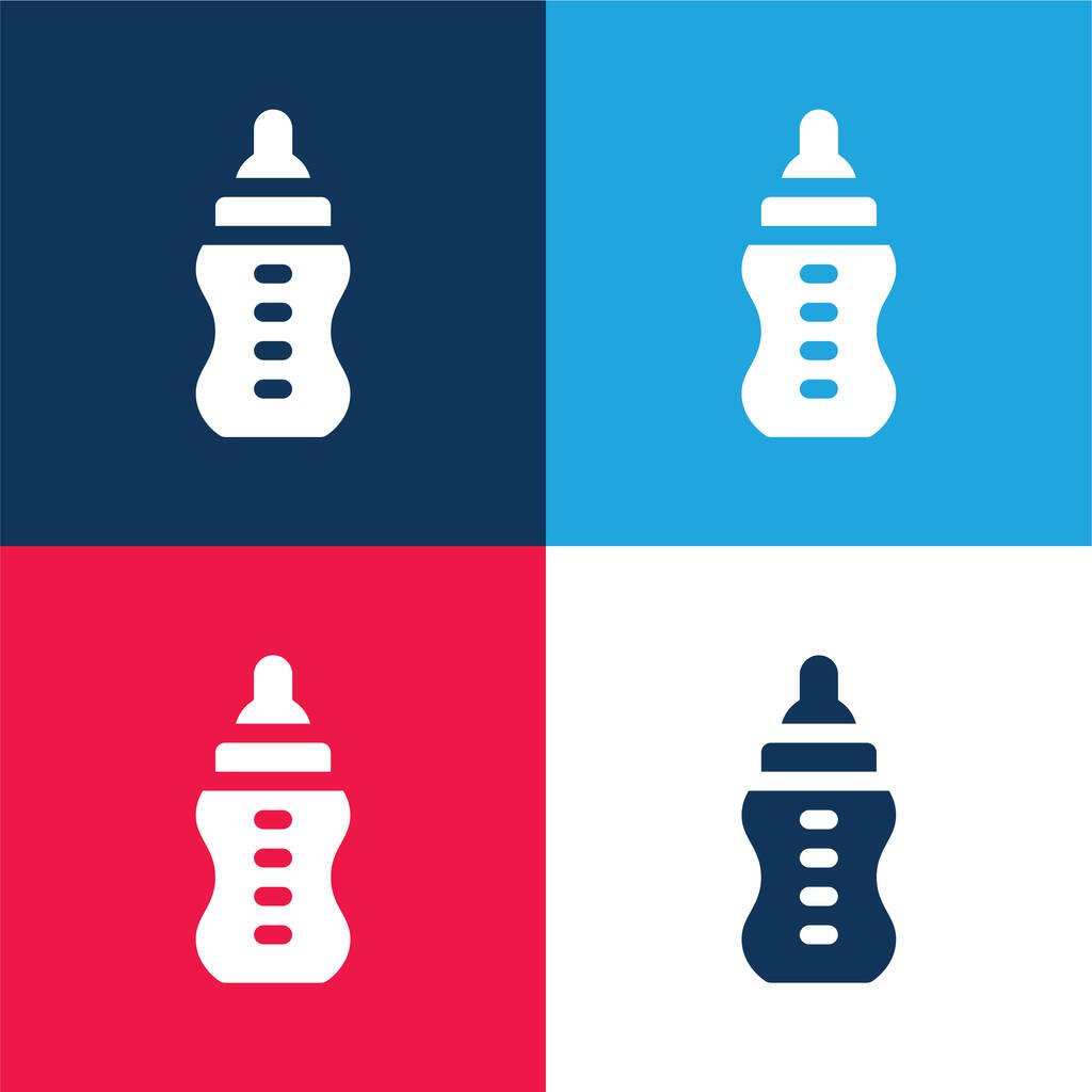 Baby Fles blauw en rood vier kleuren minimale pictogram set - Vector, afbeelding