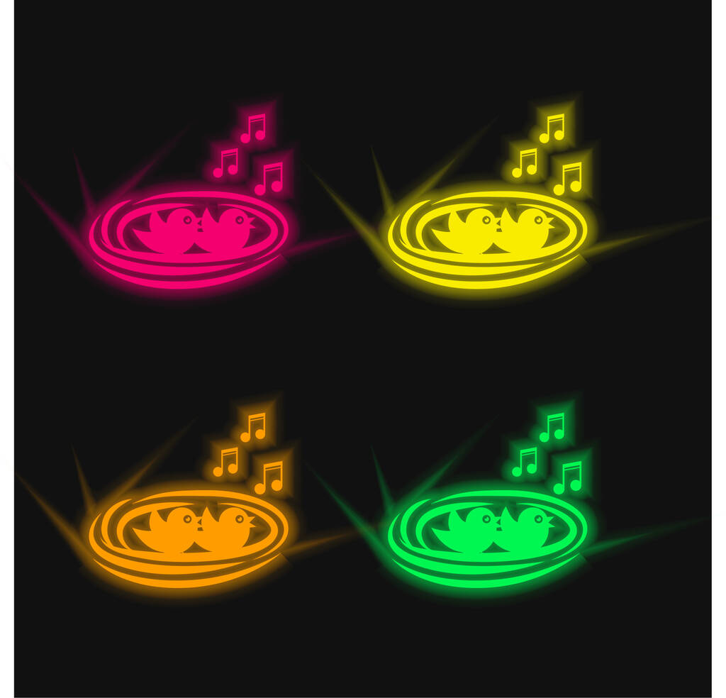 Baby Birds Singing In A Nest icona vettoriale al neon incandescente a quattro colori - Vettoriali, immagini