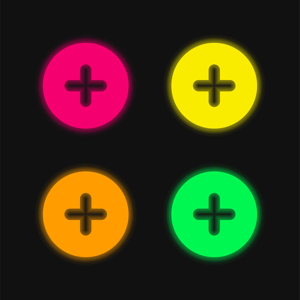 Aggiungi icona vettoriale al neon a quattro colori con pulsante rotondo - Vettoriali, immagini