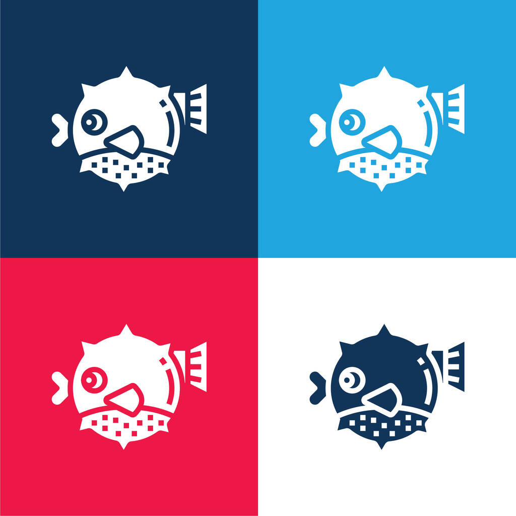 Blowfish μπλε και κόκκινο τεσσάρων χρωμάτων ελάχιστη σύνολο εικονιδίων - Διάνυσμα, εικόνα