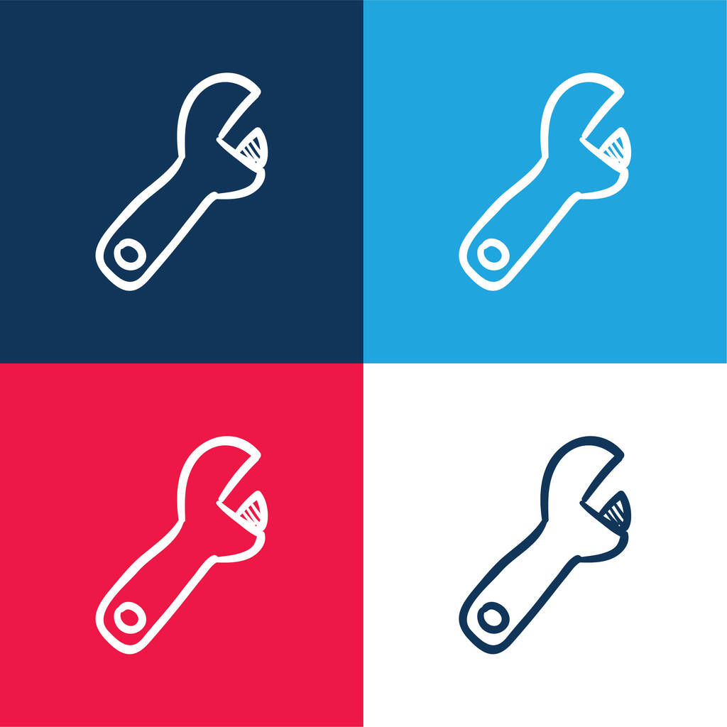 Ferramenta de construção desenhada à mão de chave ajustável azul e vermelho conjunto de ícones mínimos de quatro cores - Vetor, Imagem