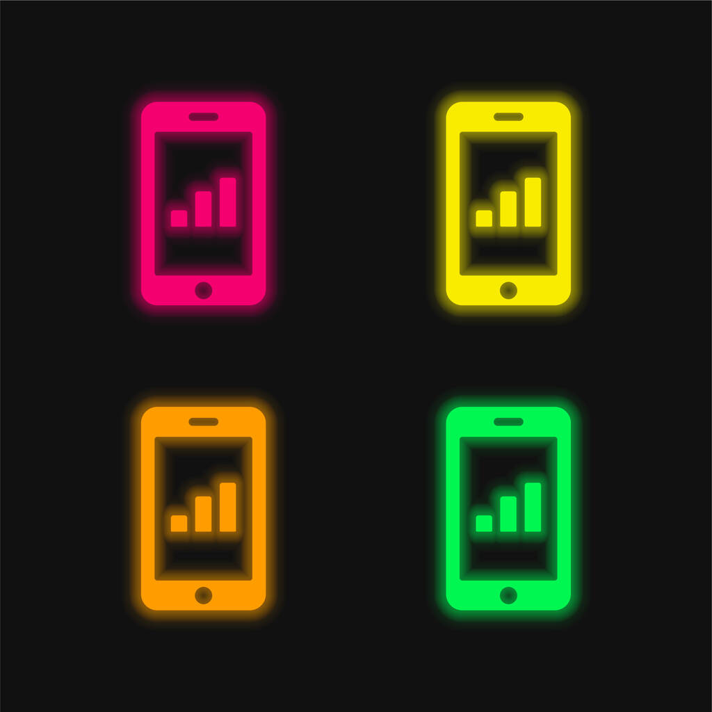 Bars Graphic On Tablet Screen four color glowing neon vector icon - Vector, Image