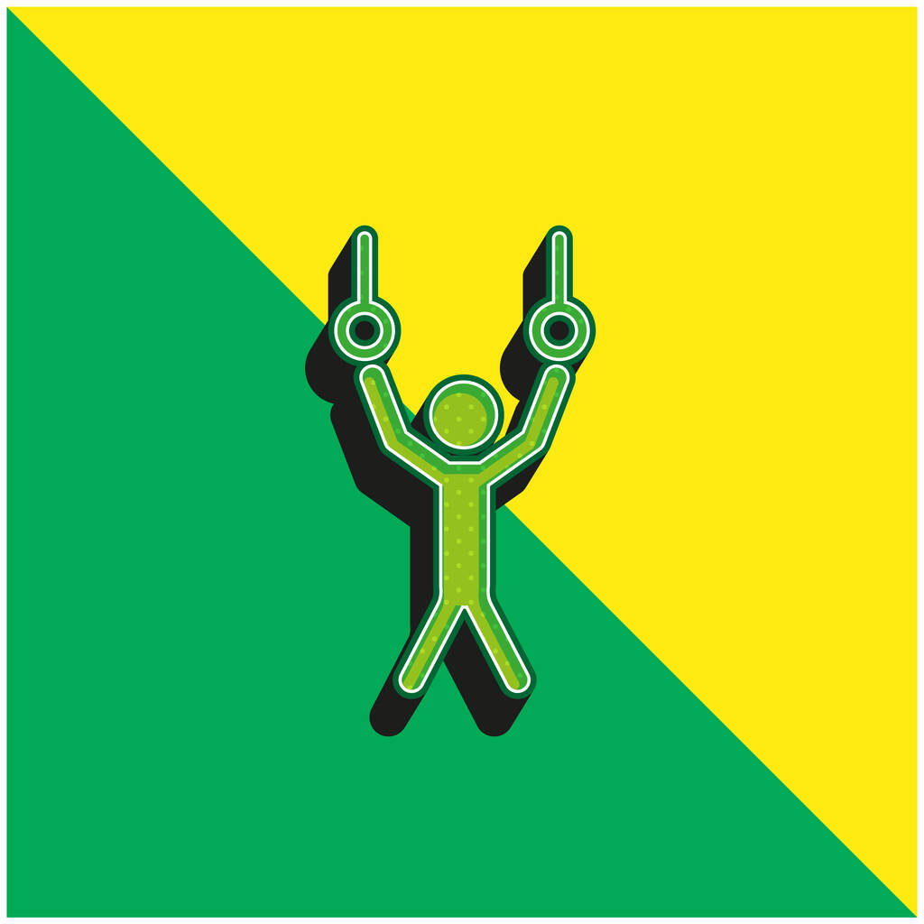 Спортсмен висит колец пара для практики гимнастики Зеленый и желтый современный 3D логотип векторной иконы - Вектор,изображение