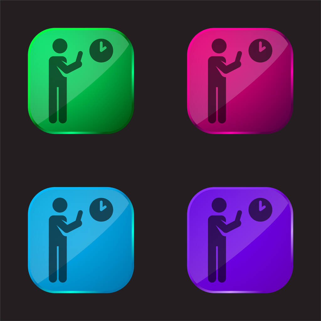 Heure d'arrivée icône de bouton en verre quatre couleurs - Vecteur, image