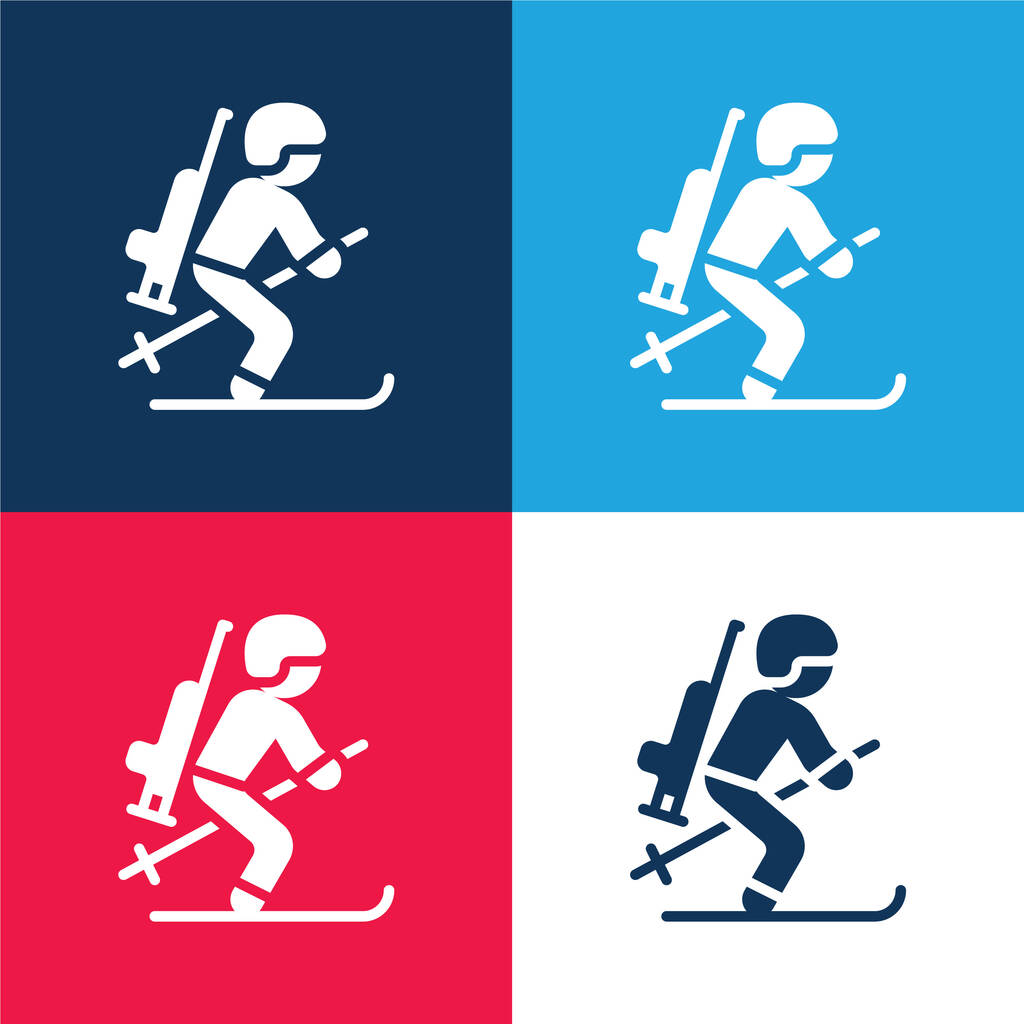 Biathlonist blue and red four color minimal icon set - Vector, Image