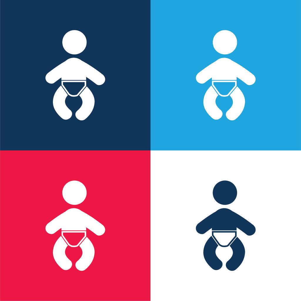 Bebê vestindo uma fralda azul e vermelho conjunto de ícones mínimos de quatro cores - Vetor, Imagem