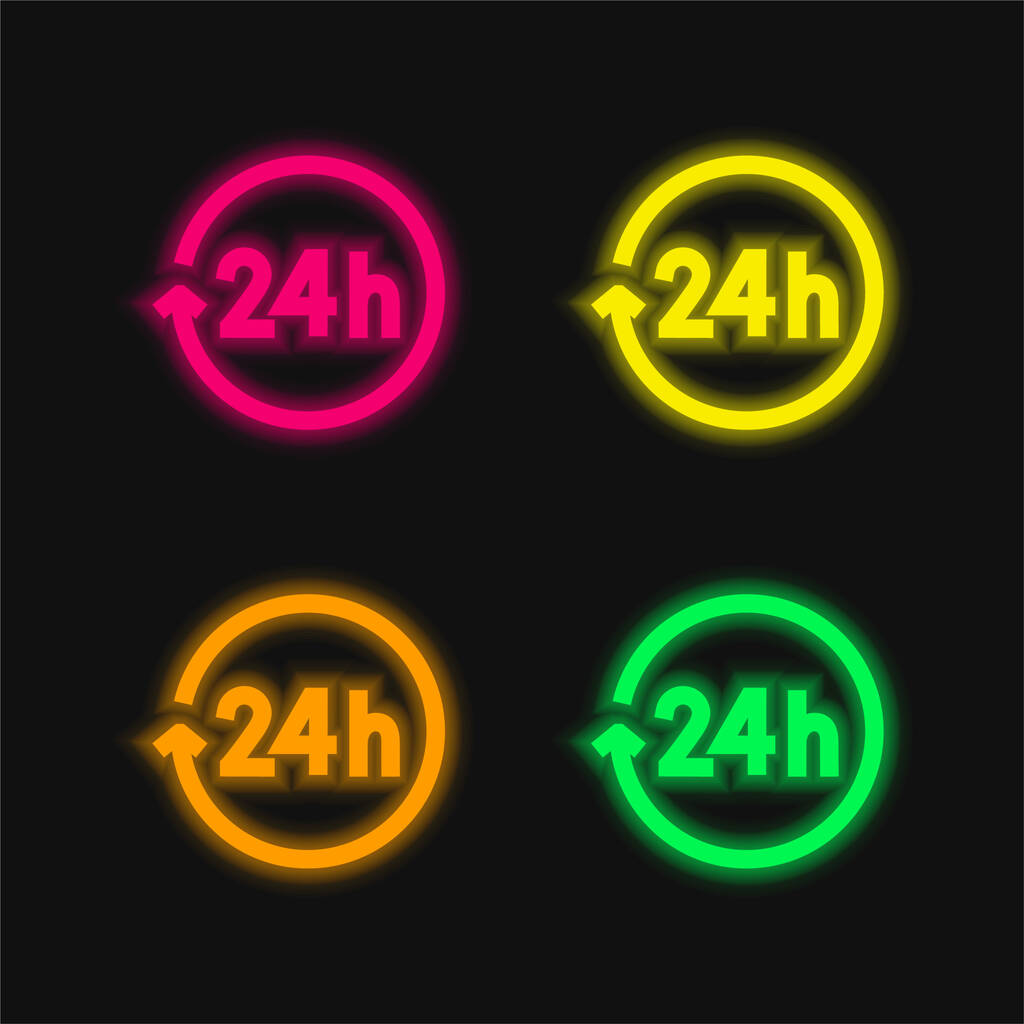 24 Uur vier kleuren gloeiende neon vector pictogram - Vector, afbeelding