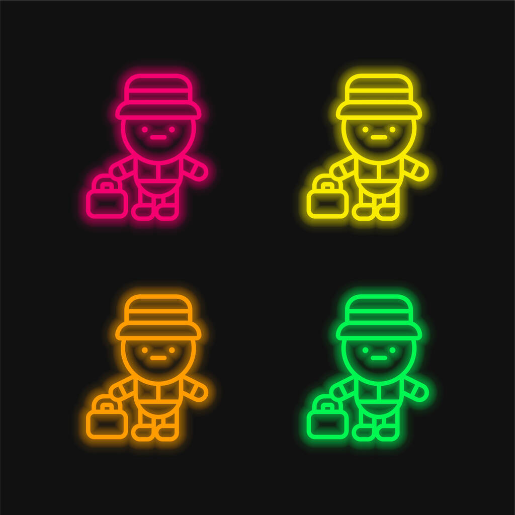 Bell Boy quatro cores brilhante ícone vetor de néon - Vetor, Imagem
