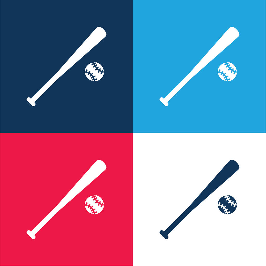 Baseballausrüstung blau und rot vier Farben minimales Symbol-Set - Vektor, Bild