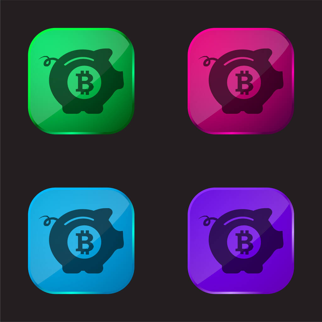 Bitcoin Safe Pig vier farbige Glasknopf-Symbol - Vektor, Bild