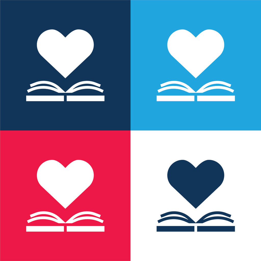 Boek blauw en rood vier kleuren minimale pictogram set - Vector, afbeelding