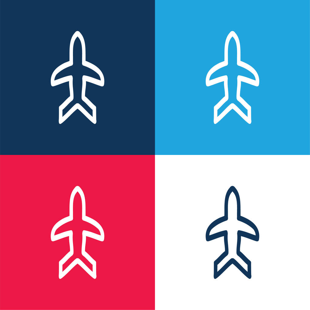 Lentokone Käsin laadittu ääriviivat osoittava sininen ja punainen nelivärinen minimaalinen kuvakesarja - Vektori, kuva