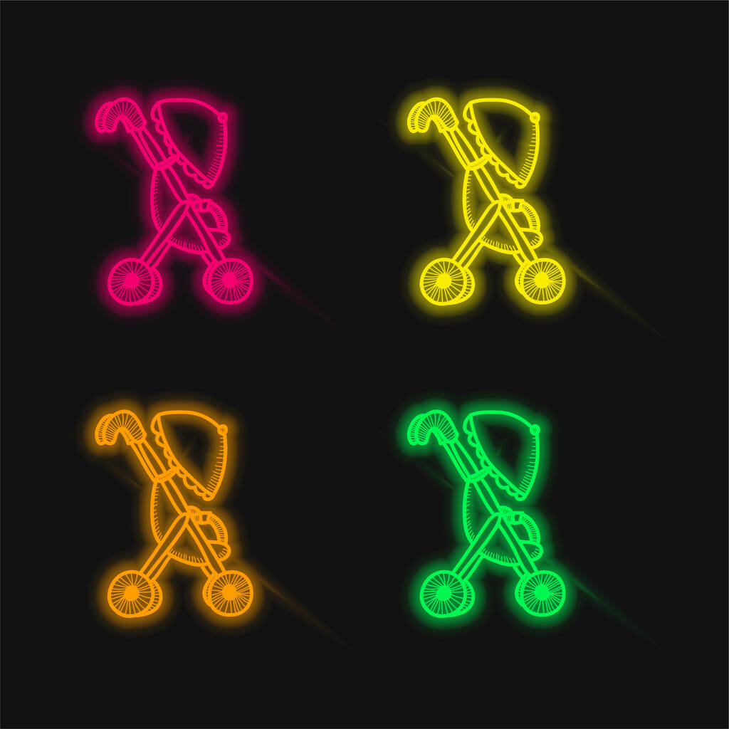 Babakocsi egy esernyő négy színű izzó neon vektor ikon - Vektor, kép