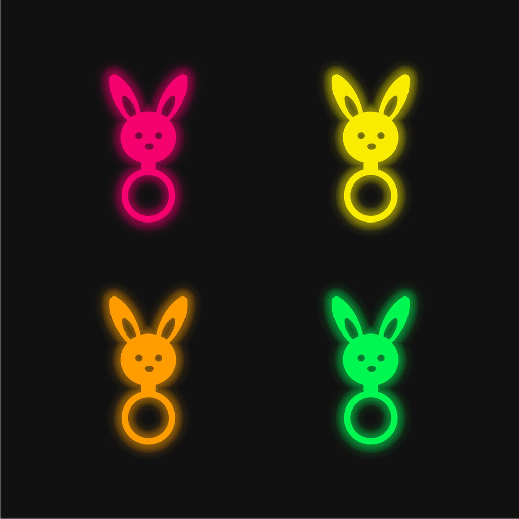 Детский грохот с фигурой кролика четырехцветный светящийся неоновый вектор значок - Вектор,изображение