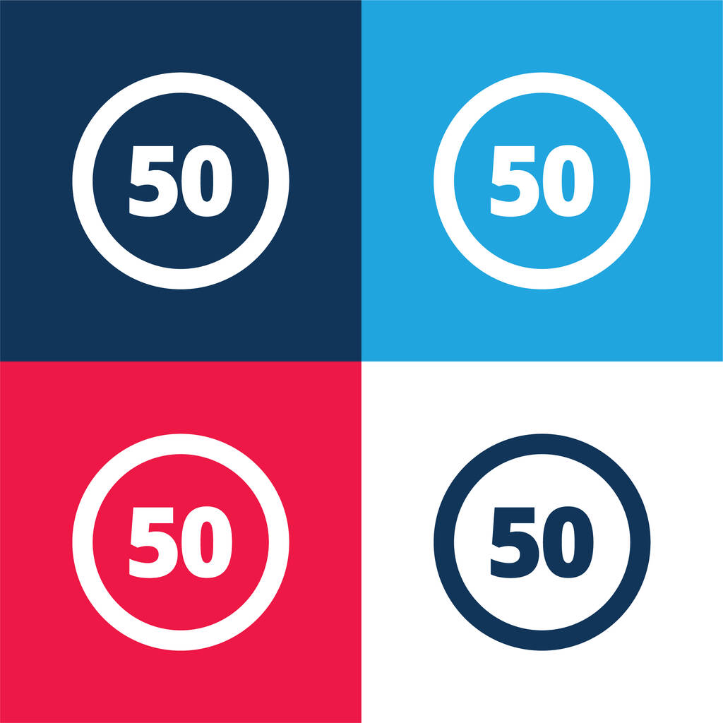 50 Speed Limit青と赤の4色の最小アイコンセット - ベクター画像