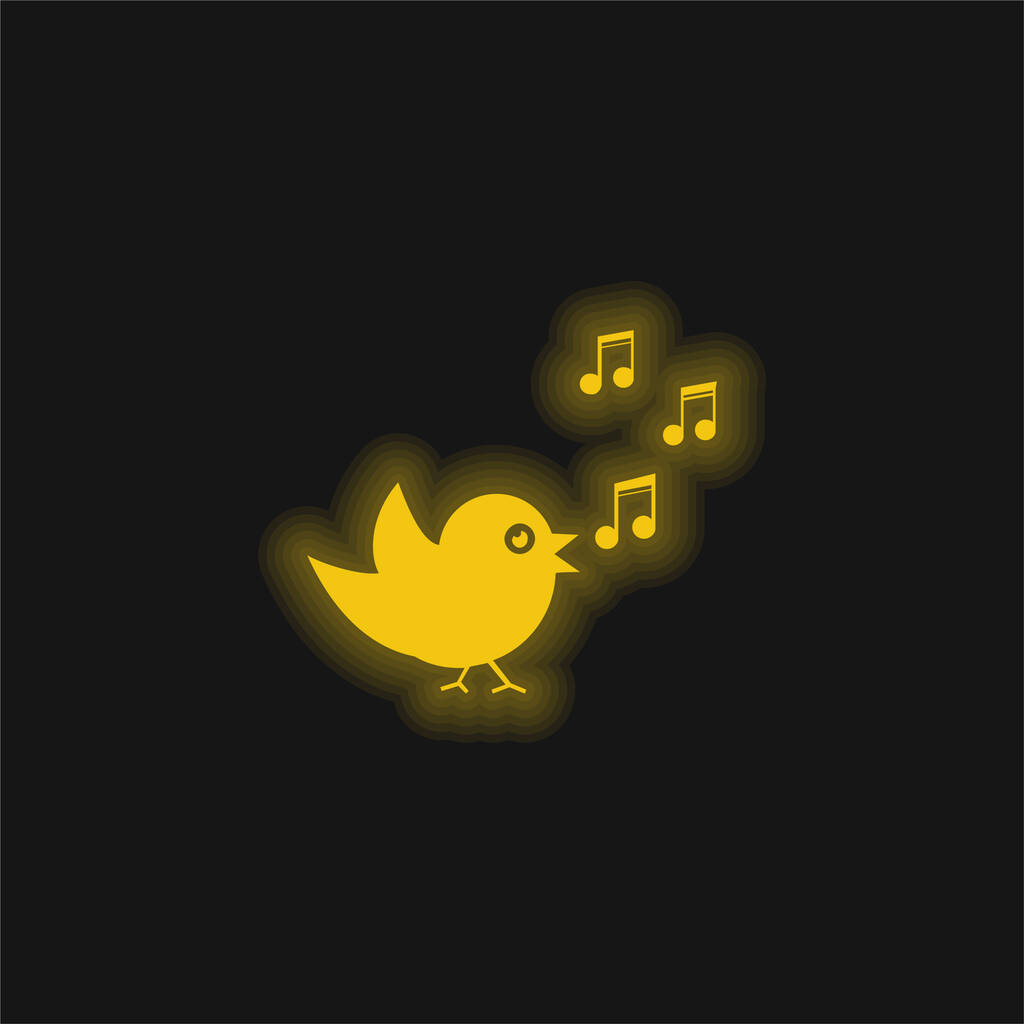 Vogel zingen met muzikale noten geel gloeiende neon pictogram - Vector, afbeelding