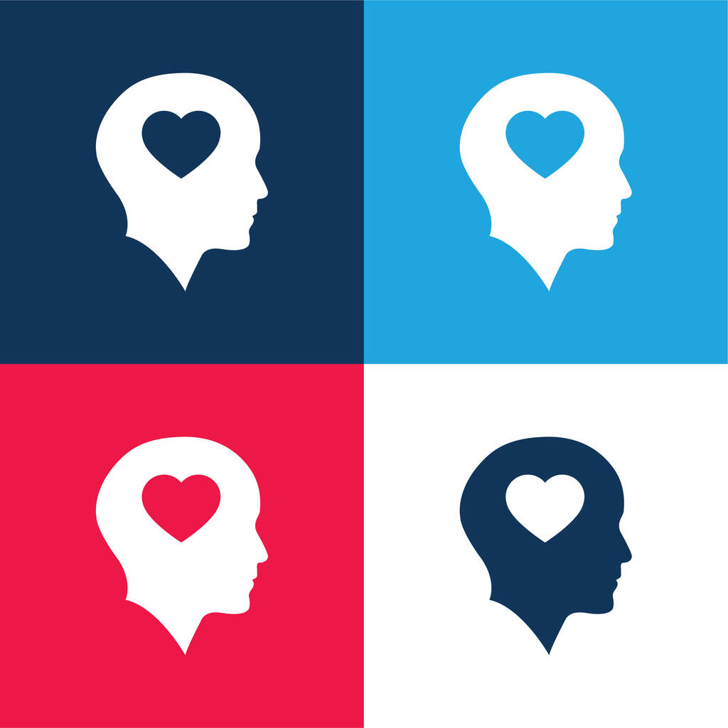 Kopasz fej szív kék és piros négy szín minimális ikon készlet - Vektor, kép