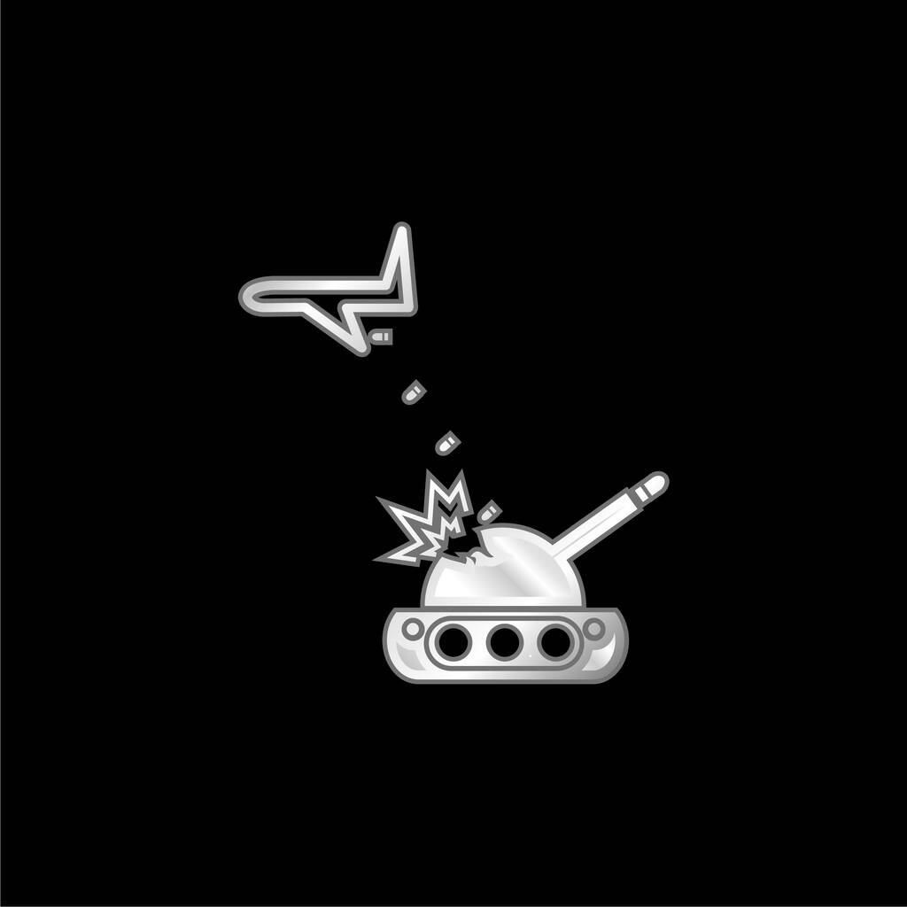 Airplane Throwing Bombs On A War Tank silver plated metallic icon - Vector, Image